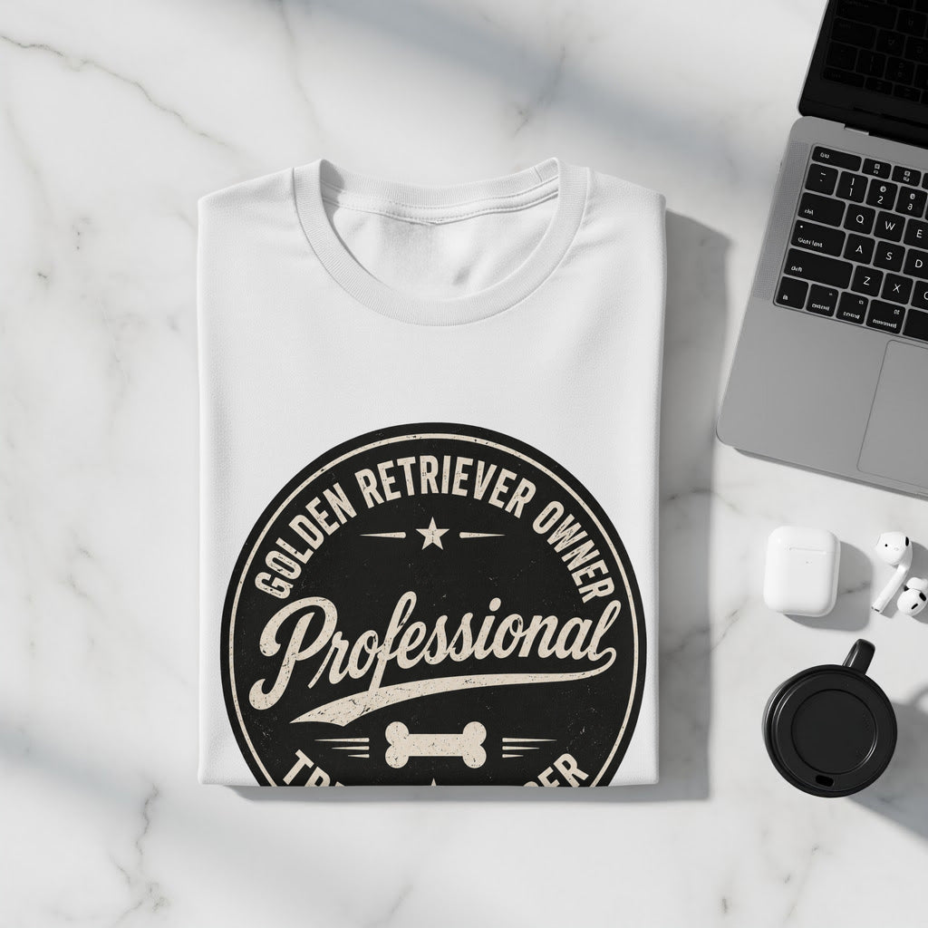 White t-shirt featuring "Golden Retriever Owner Professional" text and a dog bone graphic.