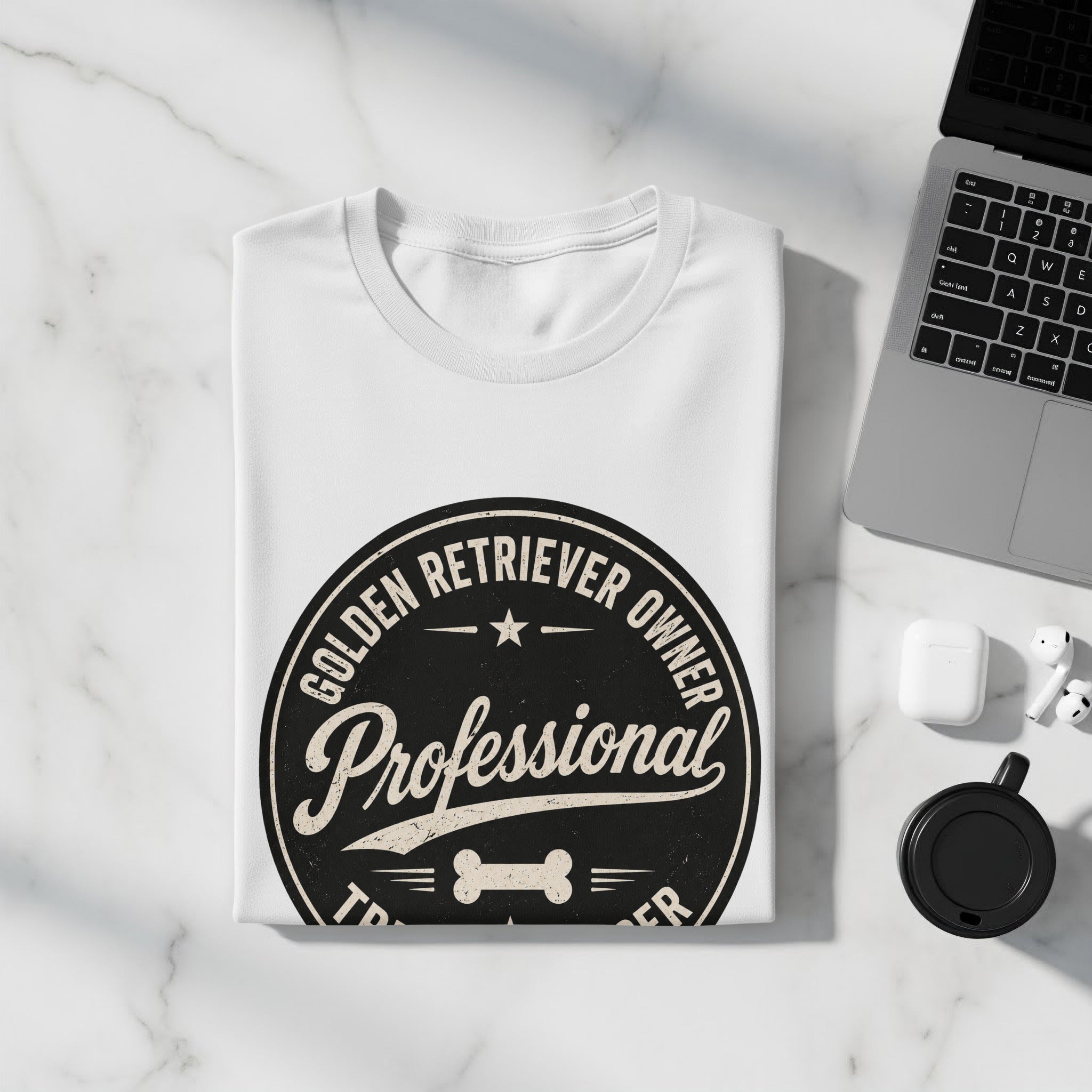 White t-shirt featuring "Golden Retriever Owner Professional" text and a dog bone graphic.