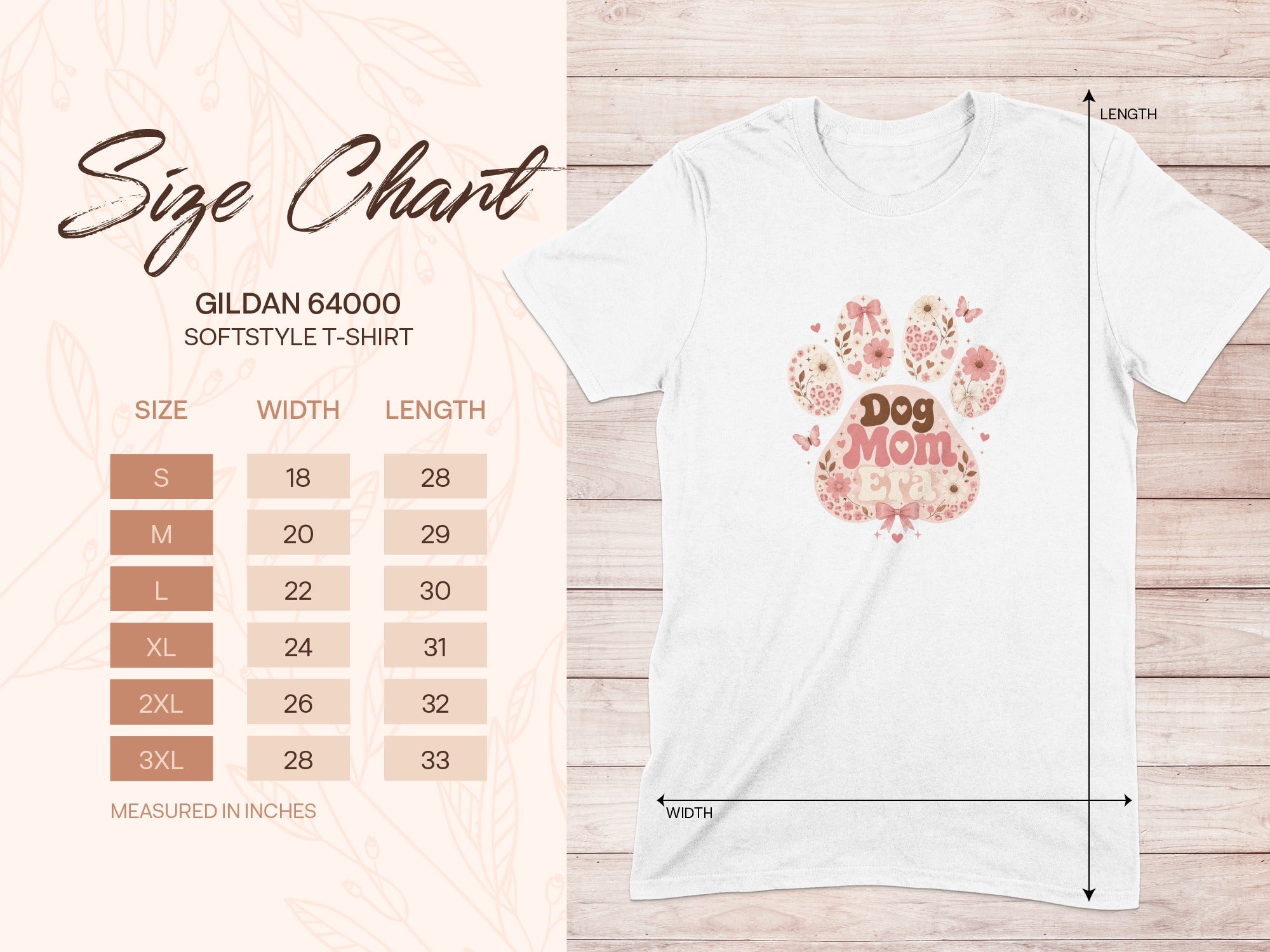 Gildan 64000 softstyle t-shirt size chart with dog paw graphic.