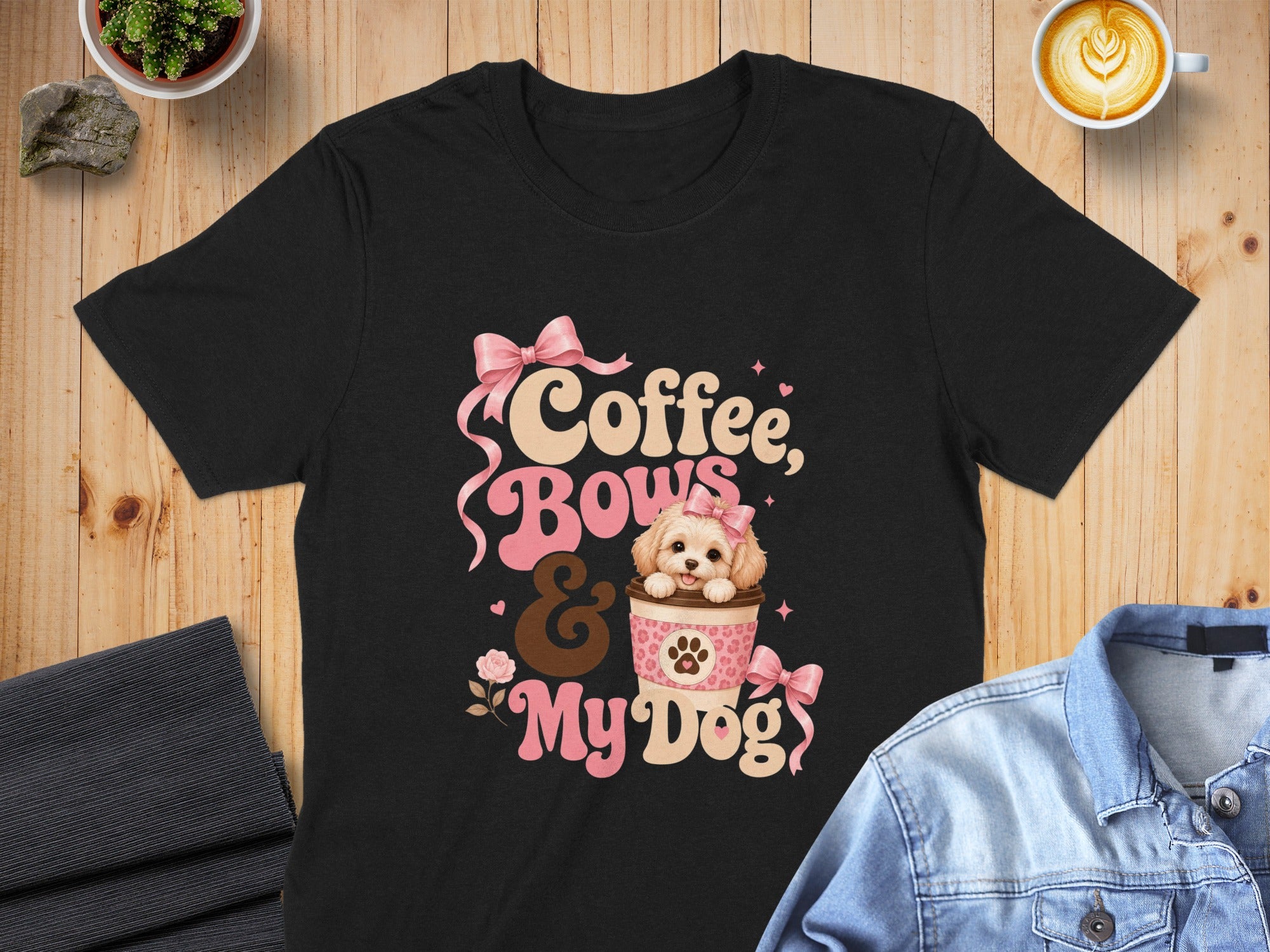 Black t-shirt with "Coffee, Bows & My Dog" graphic and a puppy.