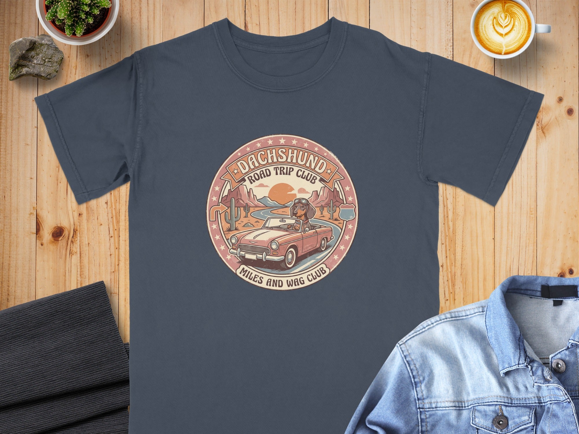 Dachshund Road Trip Club shirt with a dog driving a convertible.