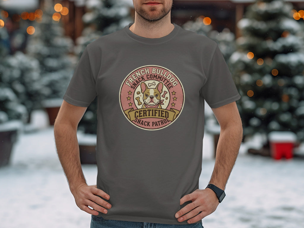 French bulldog wearing bandana on dark grey t-shirt with "Certified Snack Patrol" text.