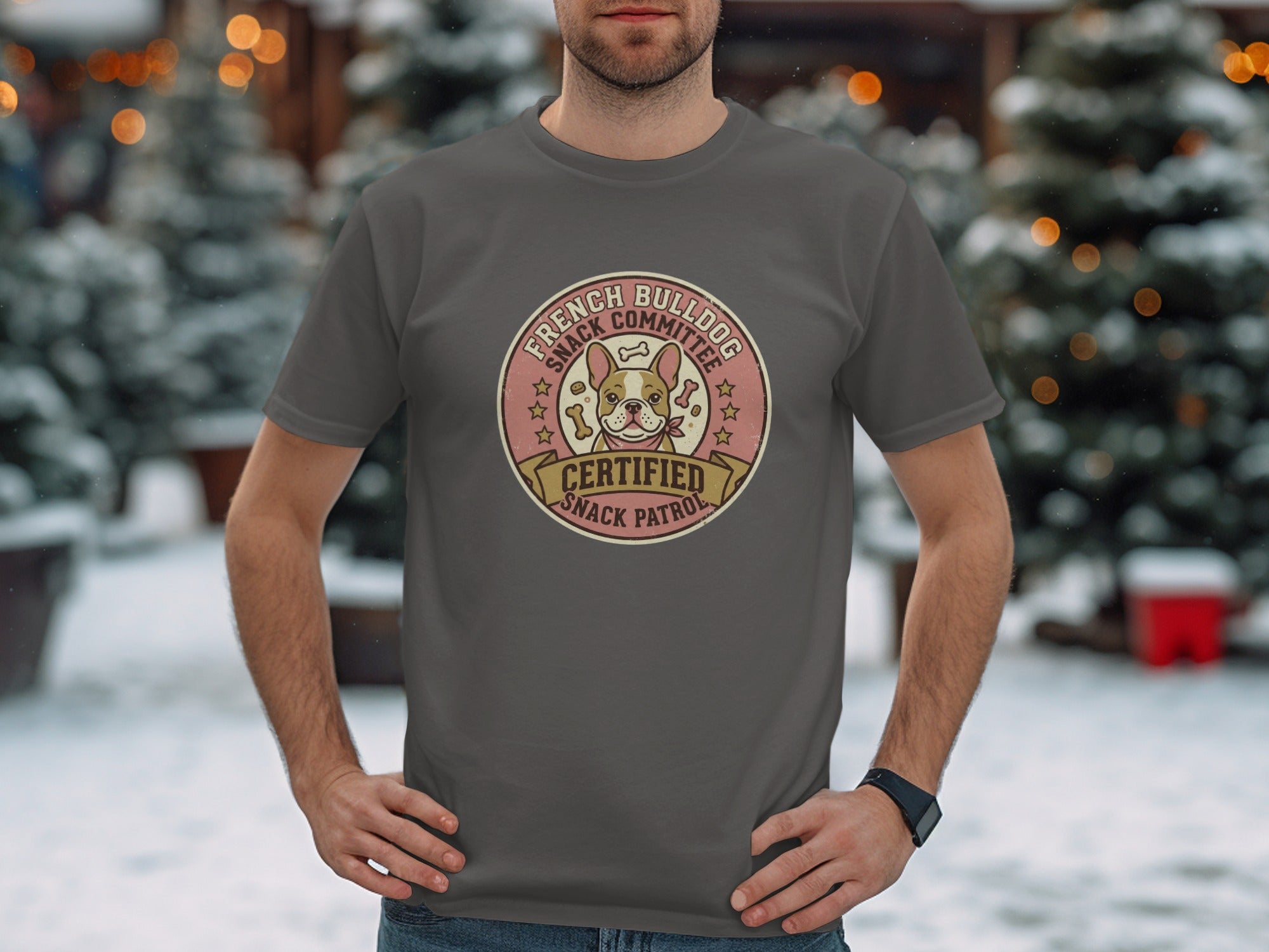 French bulldog wearing bandana on dark grey t-shirt with "Certified Snack Patrol" text.