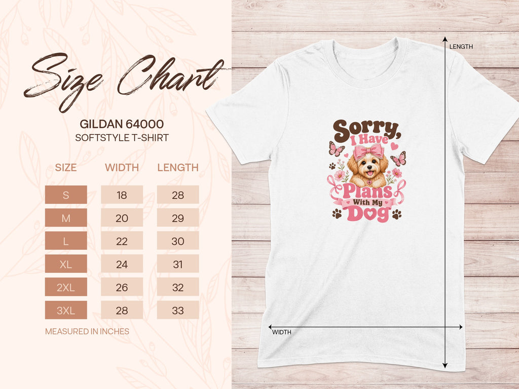 Gildan 64000 softstyle t-shirt size chart with dog graphic.