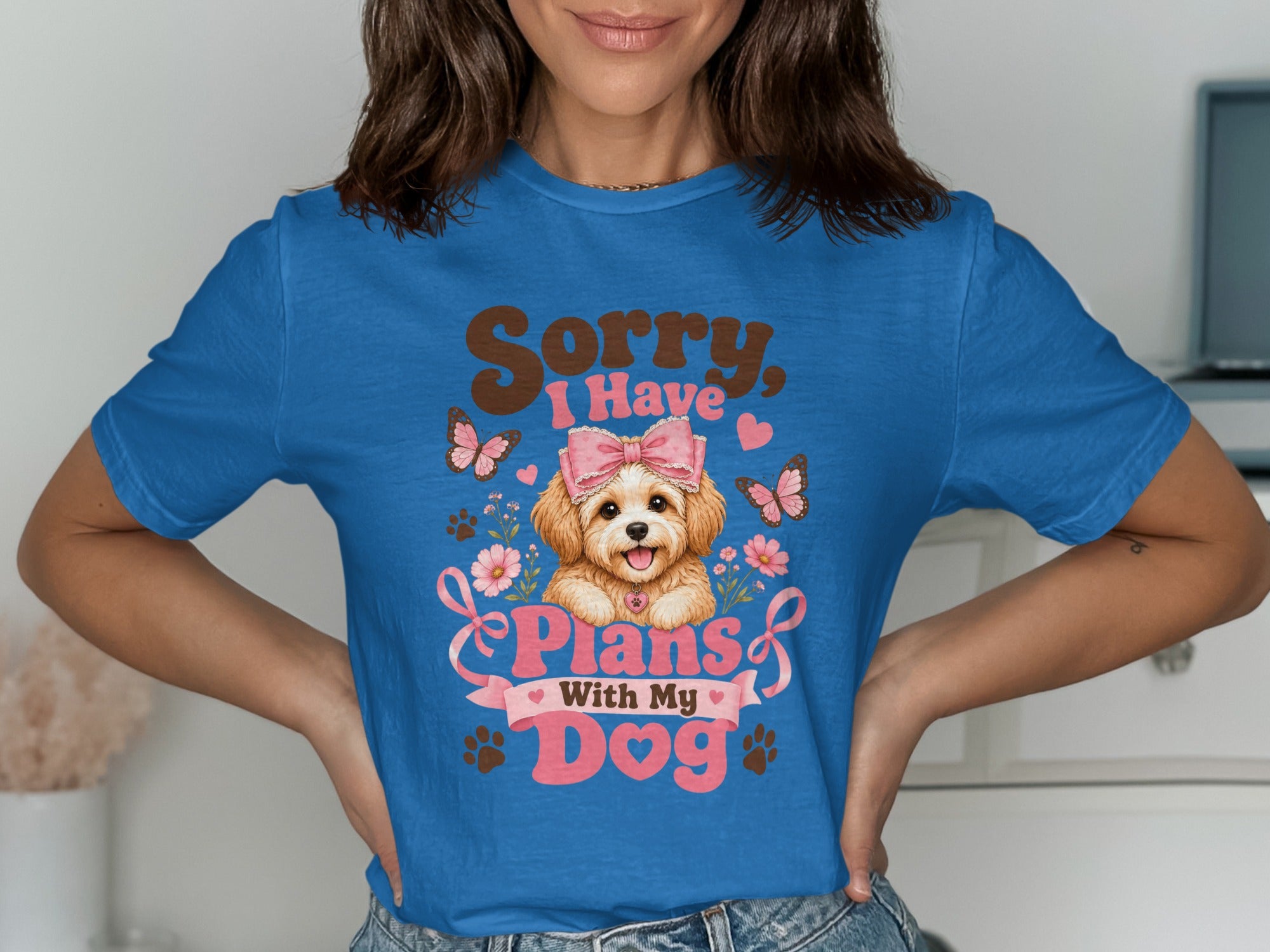 Blue t-shirt with "Sorry, I Have Plans With My Dog" graphic featuring a dog.