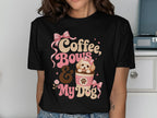Black t-shirt graphic "Coffee, Bows & My Dog" with a puppy in a coffee cup.