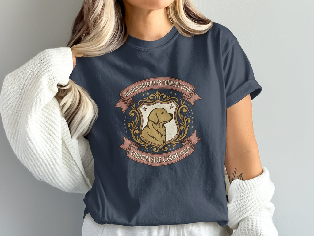 Dark t-shirt with a golden retriever crest labeled "Golden Retriever Country Club".