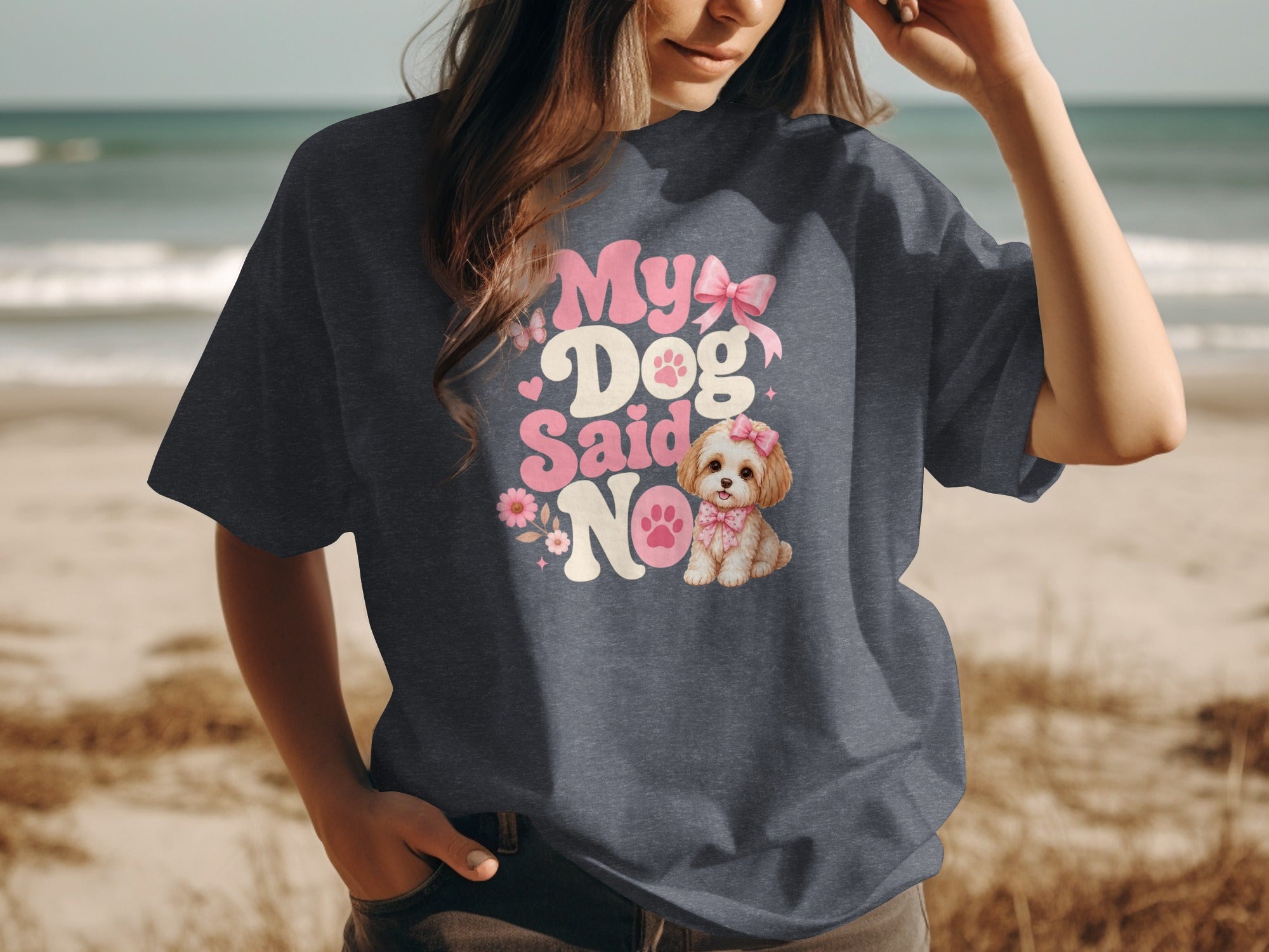 T-shirt with pink text "MY DOG Said NO" and a small dog illustration.
