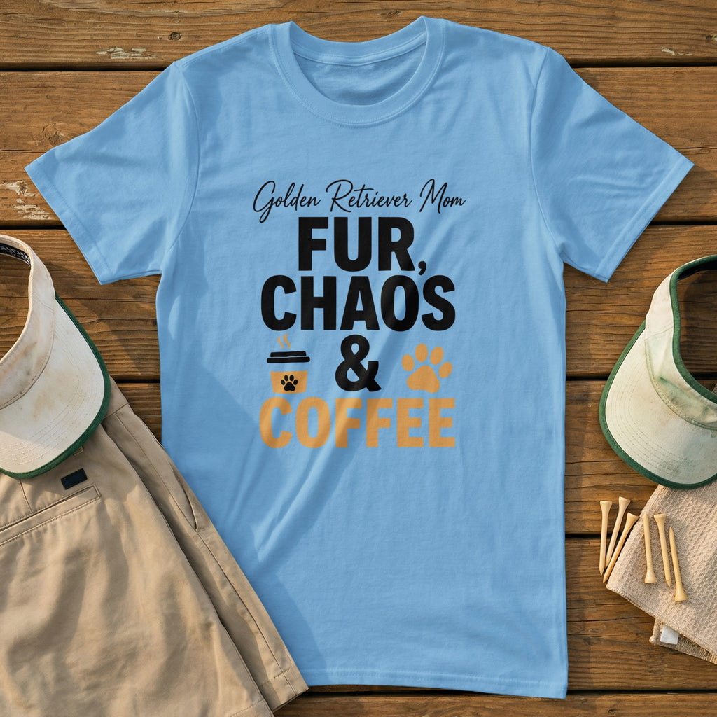 Light blue t-shirt with "Golden Retriever Mom Fur, Chaos & Coffee" text and graphics.