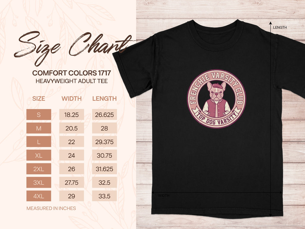 French Bulldog varsity club t-shirt size chart with measurements.