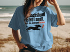 Blue t-shirt with "Dachshund IS NOT small. He's fun-sized and furious." text and dog graphic.
