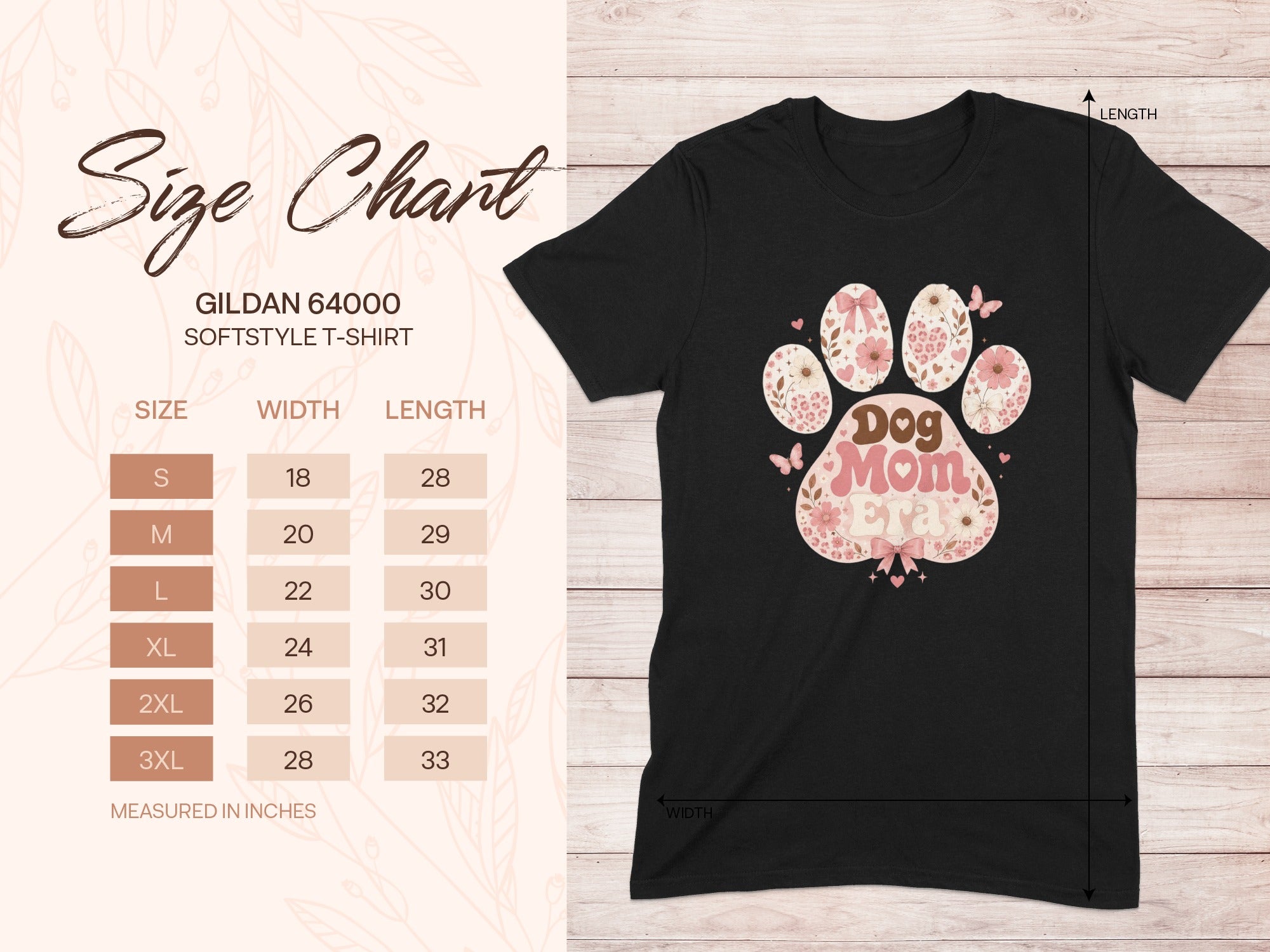 Black Gildan 64000 t-shirt with "Dog Mom Era" graphic and size chart.