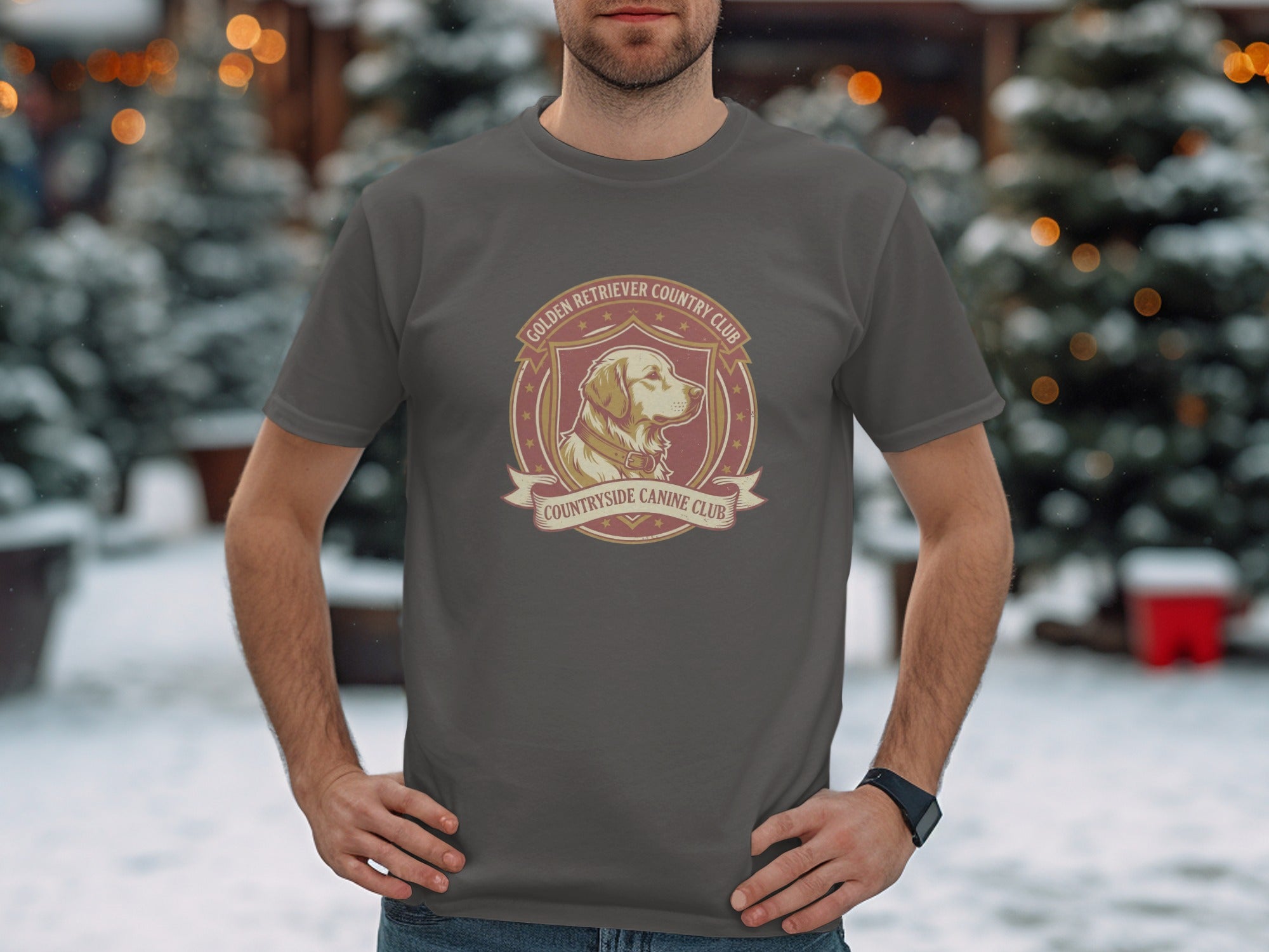 T-shirt featuring a Golden Retriever Country Club logo with a dog in a shield.