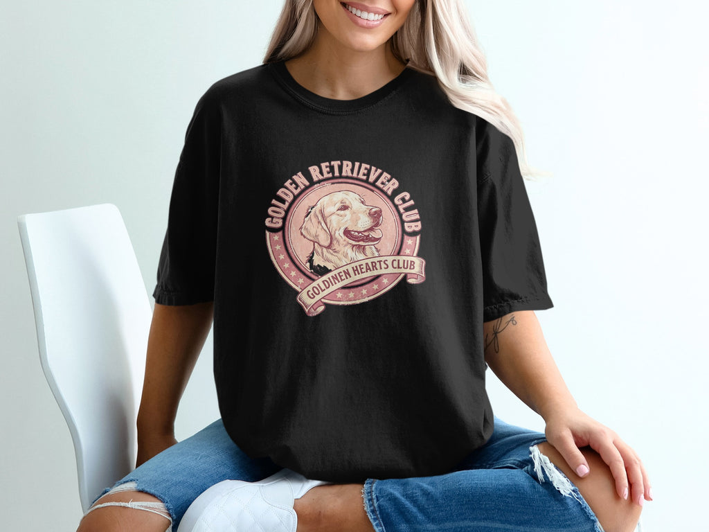Black t-shirt with Golden Retriever Club circular graphic and dog illustration.