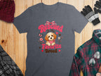 Dark gray t-shirt with a rescued dog design and text that reads "Rescued Is My Favorite Breed".
