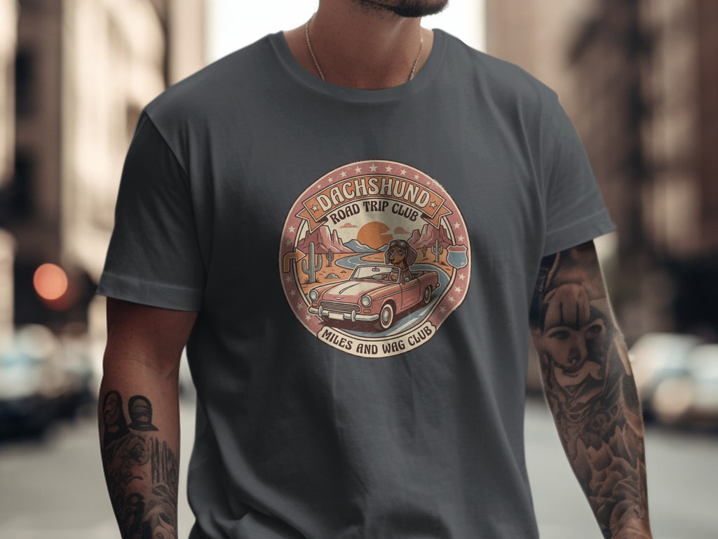 Dachshund Road Trip Club logo on a charcoal grey t-shirt.