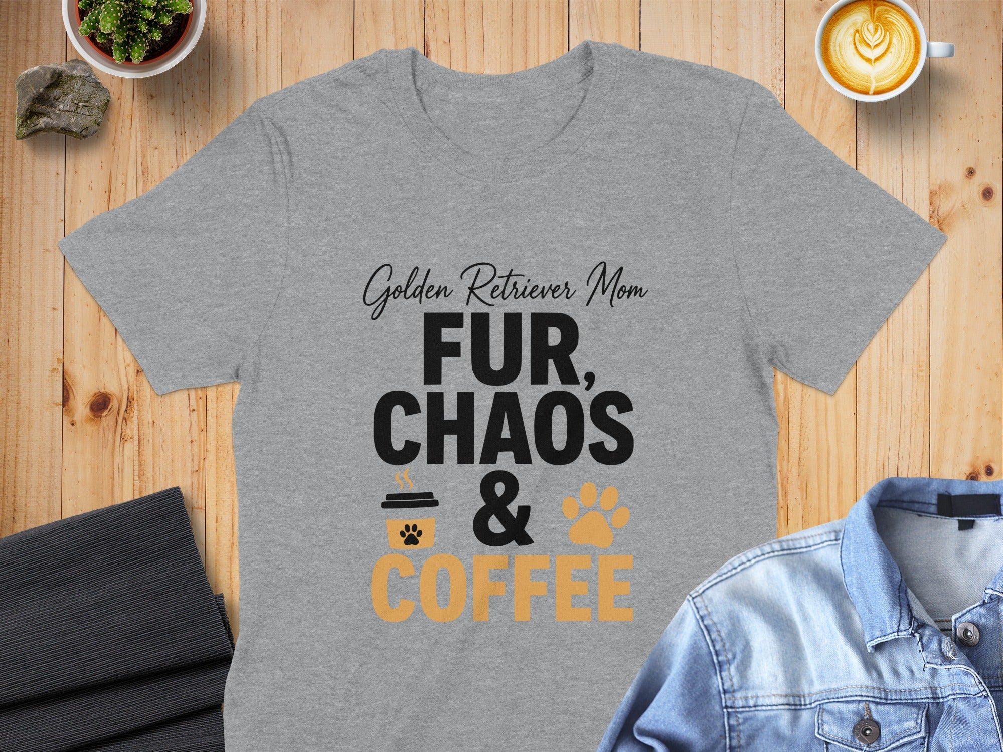 Grey t-shirt with "Golden Retriever Mom, Fur, Chaos & Coffee" text.