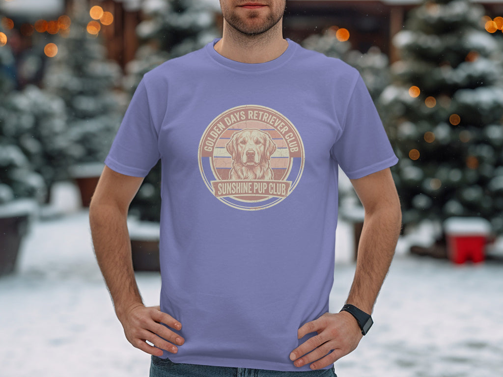 Purple t-shirt with Golden Days Retriever Club Sunshine Pup Club graphic.