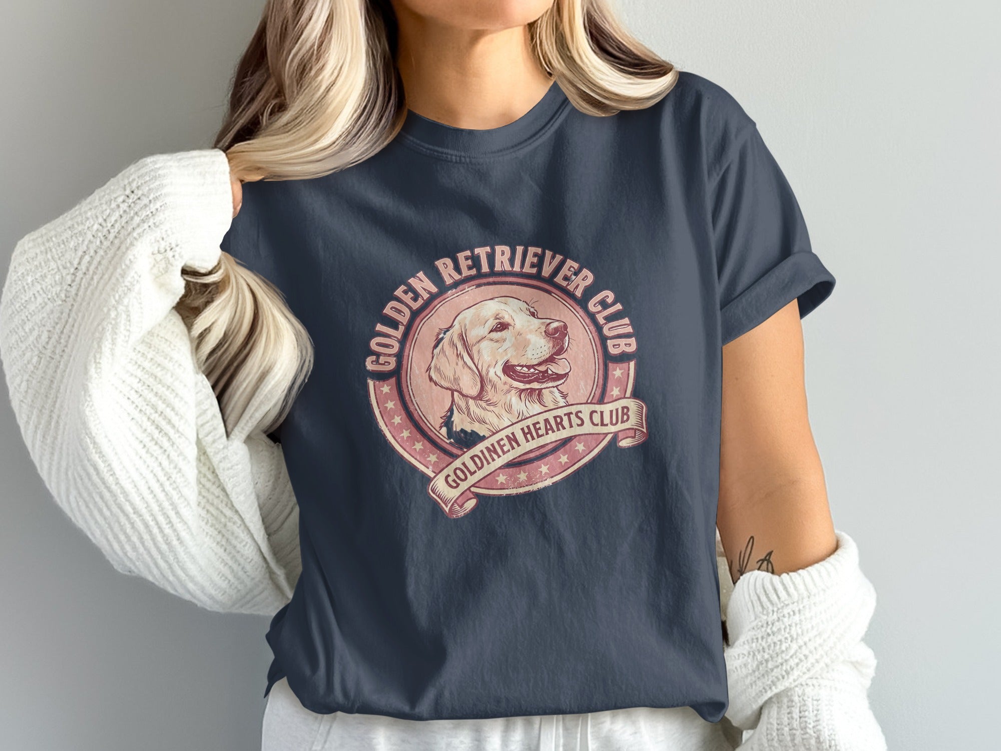 Dark t-shirt with Golden Retriever Club circular logo featuring a dog's head.
