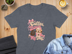 Dark gray t-shirt with "Coffee, Bows & My Dog" text and cartoon dog.