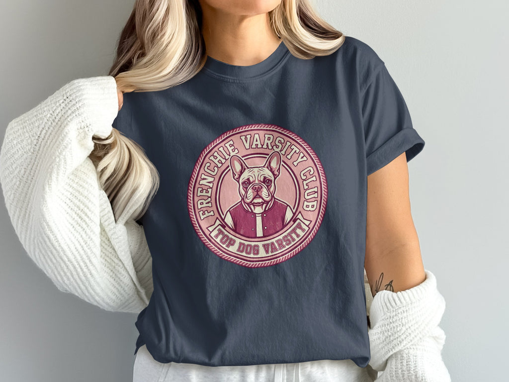 Frenchie Varsity Club logo on a navy blue t-shirt.