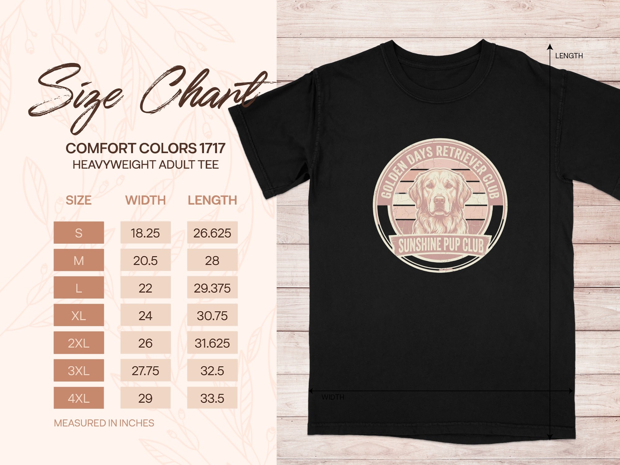 T-shirt size chart for Comfort Colors 1717 heavyweight adult tee.