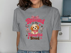 Gray t-shirt with a cute puppy, pink bow, and "Rescued Is My Favorite Breed" text.