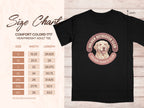 T-shirt size chart with "Golden Retriever Club" graphic.