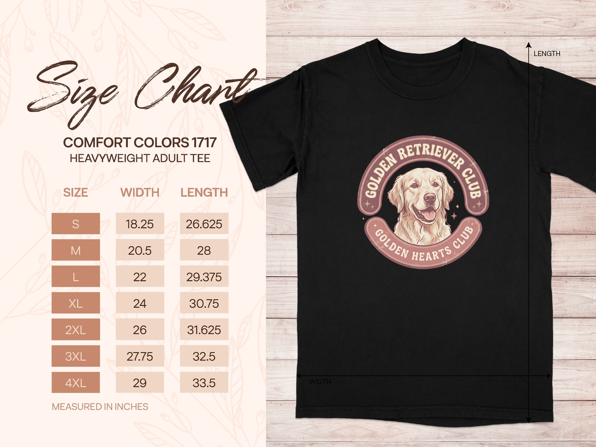 T-shirt size chart with "Golden Retriever Club" graphic.