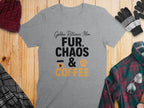 Grey t-shirt with "Golden Retriever Mom, Fur, Chaos & Coffee" text.