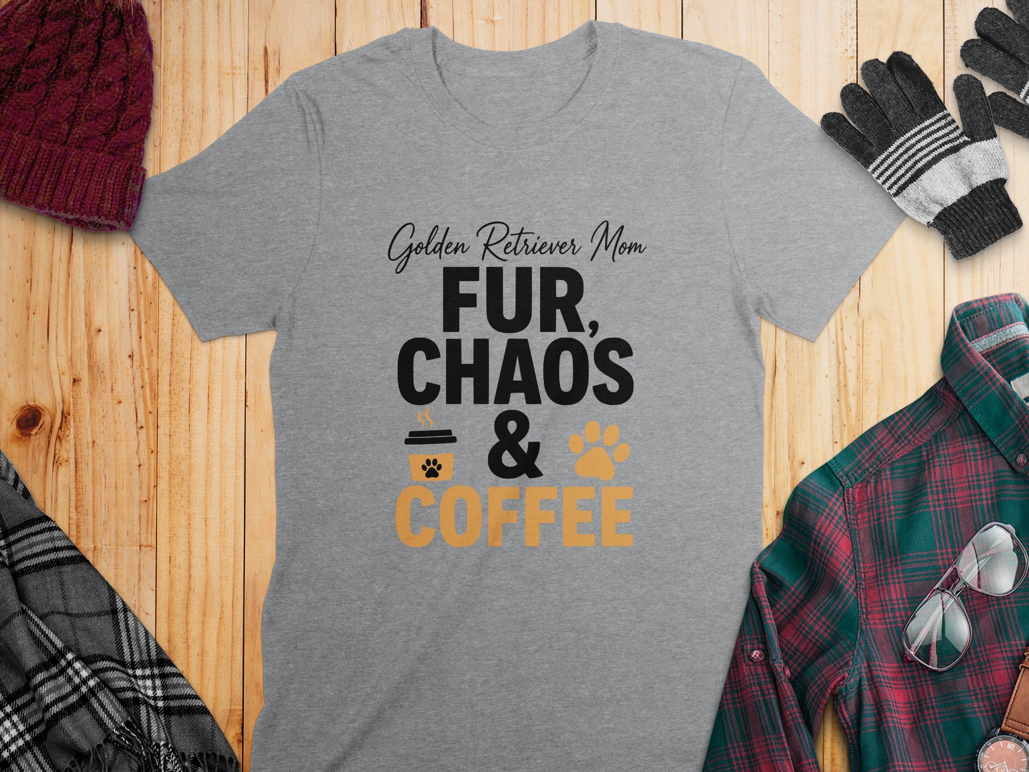 Grey t-shirt with "Golden Retriever Mom, Fur, Chaos & Coffee" text.
