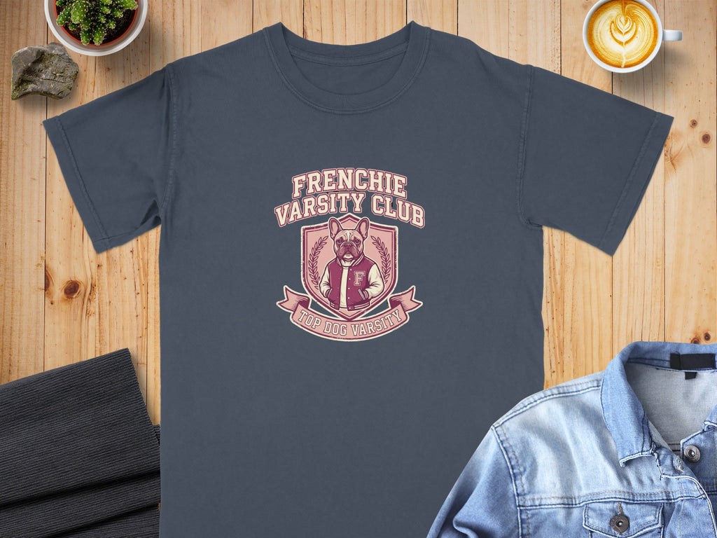 Navy t-shirt with "Frenchie Varsity Club Top Dog Varsity" crest featuring a bulldog.