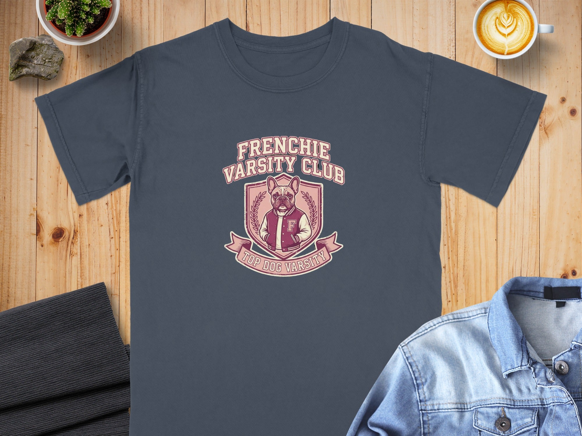 Navy t-shirt with "Frenchie Varsity Club Top Dog Varsity" crest featuring a bulldog.