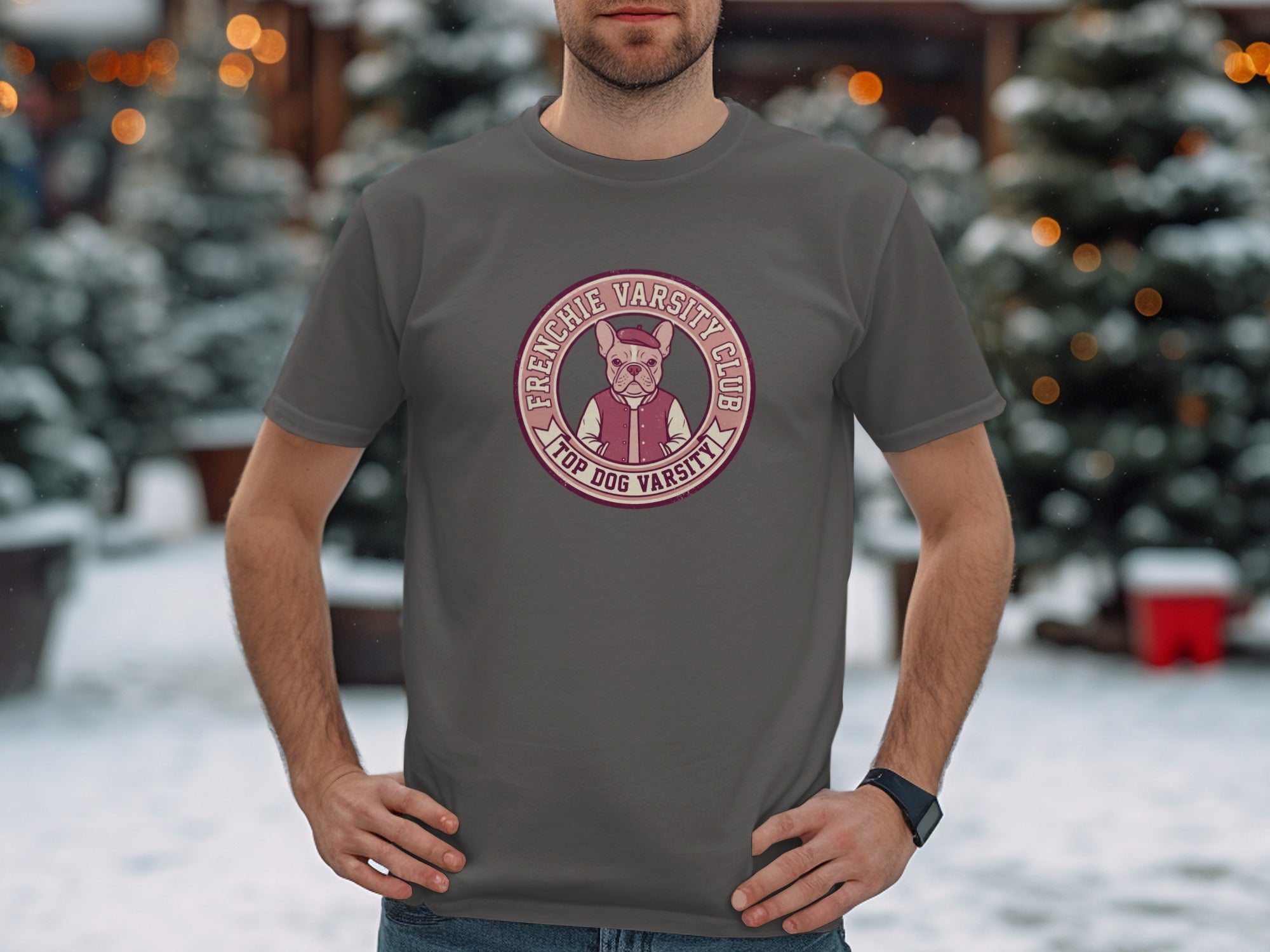 Gray t-shirt with "Frenchie Varsity Club Top Dog Varsity" logo of a bulldog in a jacket.