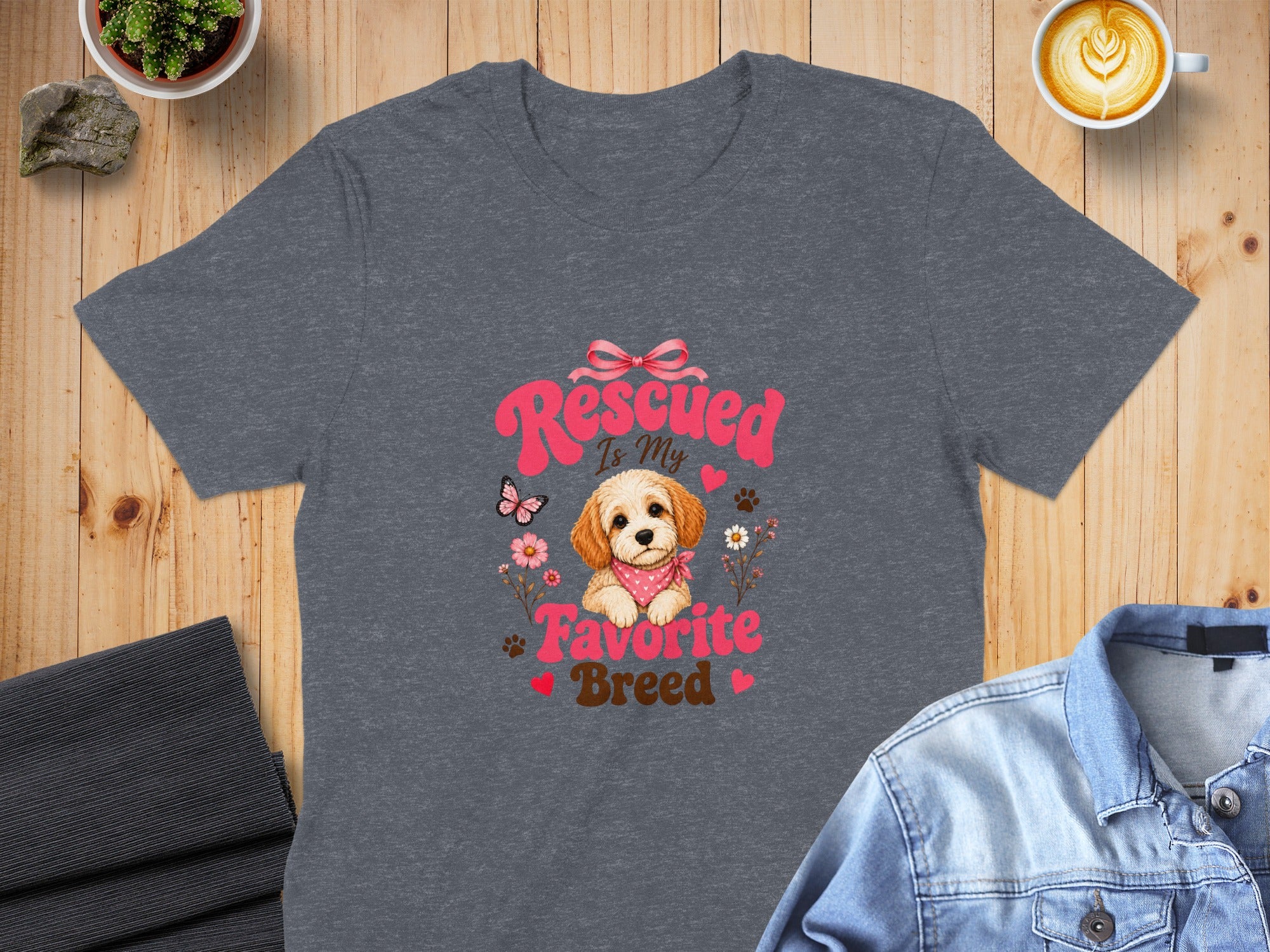Dark grey t-shirt with "Rescued Is My Favorite Breed" and a puppy graphic.