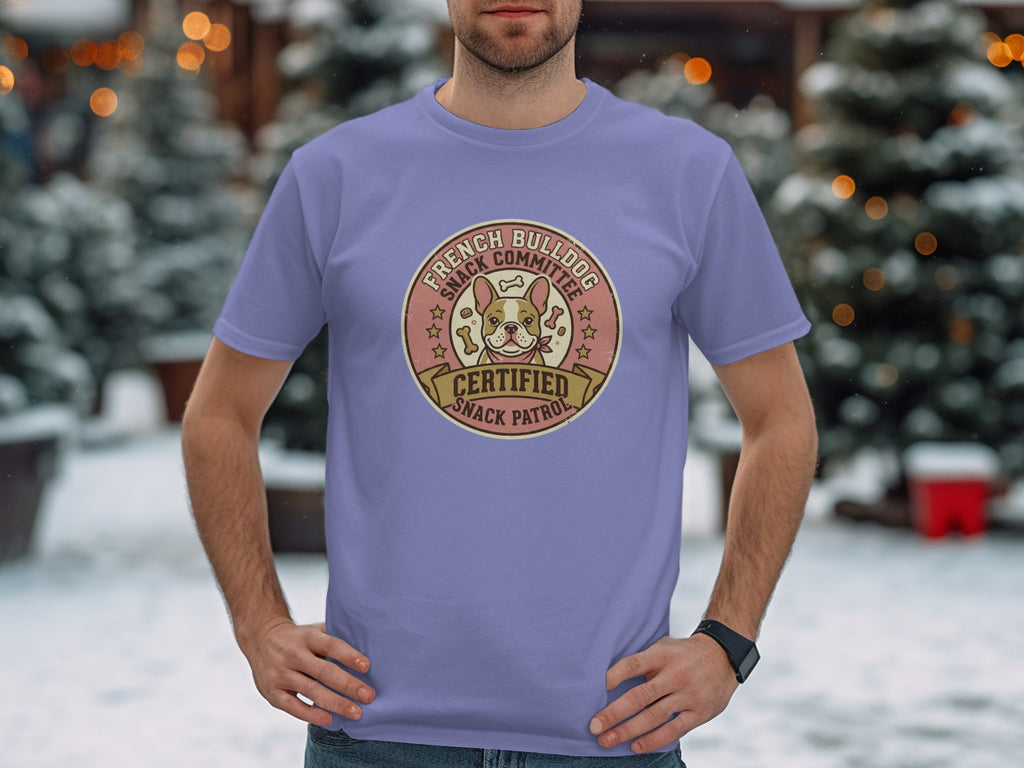 Purple t-shirt with French Bulldog Snack Committee logo.