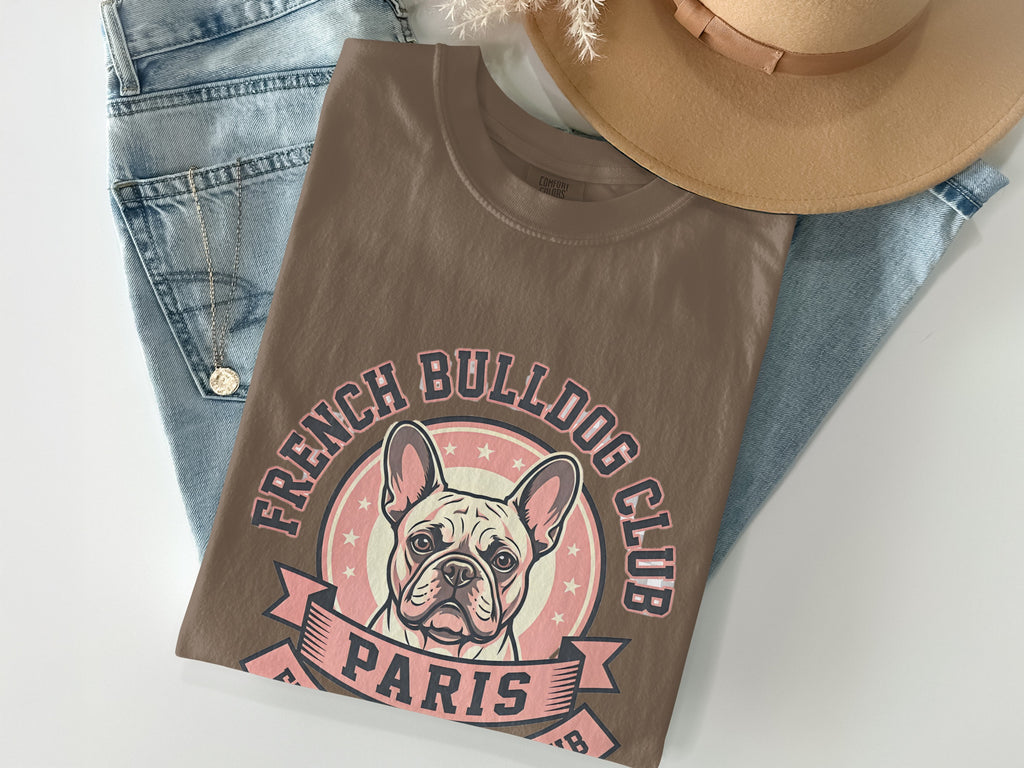 Brown t-shirt with French Bulldog and Paris text on a vintage-style graphic.