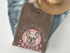 Brown t-shirt with French Bulldog and Paris text on a vintage-style graphic.