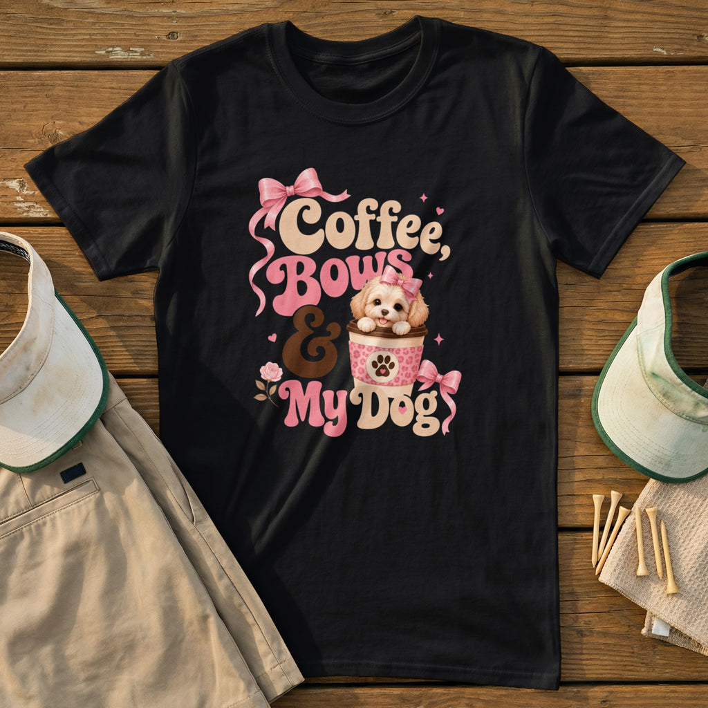 Black t-shirt with "Coffee, Bows & My Dog" graphic featuring a fluffy puppy in a coffee cup.