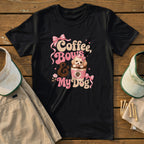 Black t-shirt with "Coffee, Bows & My Dog" graphic featuring a fluffy puppy in a coffee cup.