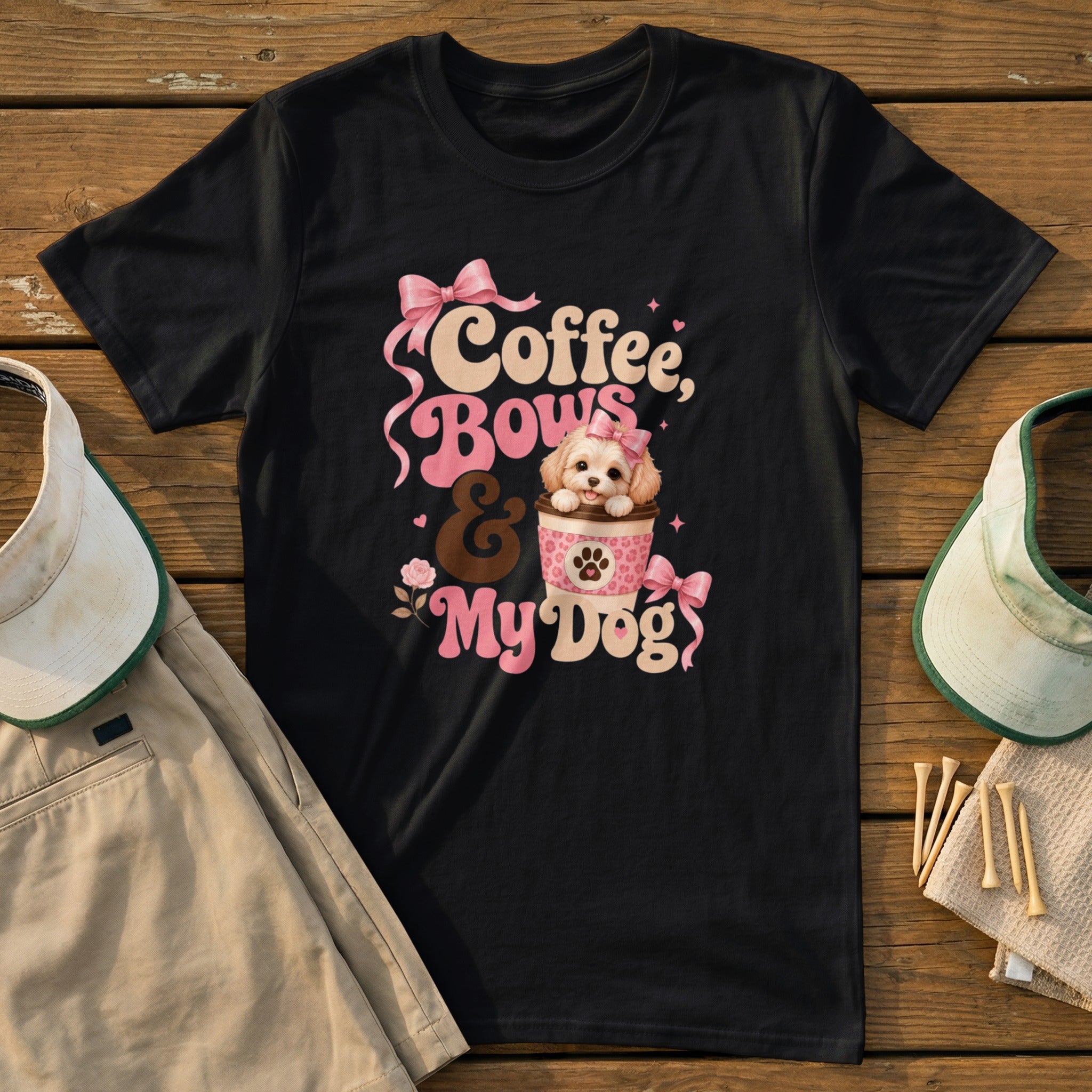 Black t-shirt with "Coffee, Bows & My Dog" graphic featuring a fluffy puppy in a coffee cup.
