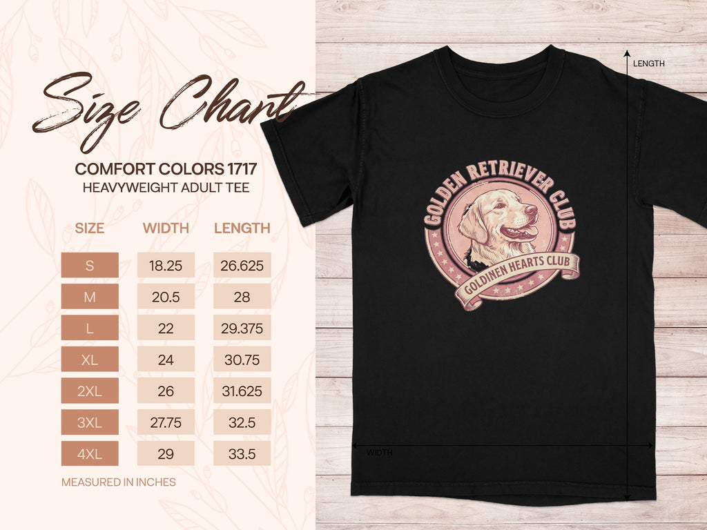 Size chart for Comfort Colors 1717 heavyweight adult tee with Golden Retriever Club design.