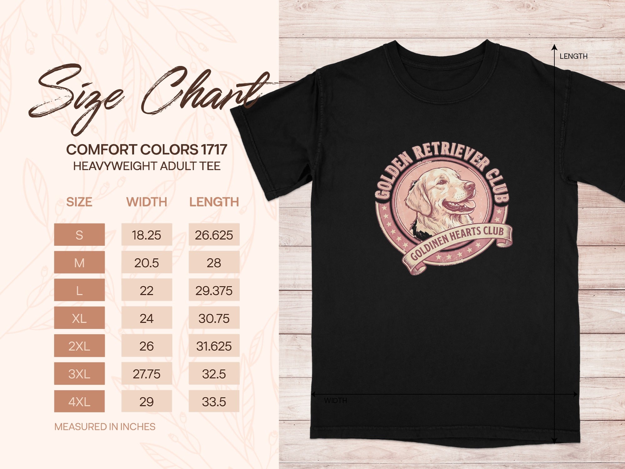Size chart for Comfort Colors 1717 heavyweight adult tee with Golden Retriever Club design.