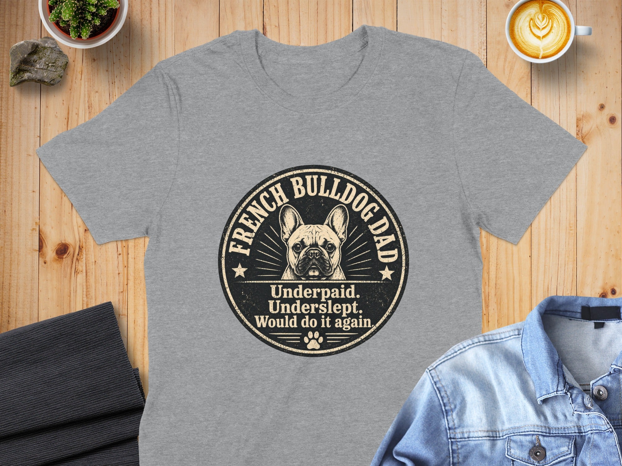Grey t-shirt with French Bulldog Dad graphic text "Underpaid. Underslept. Would do it again."