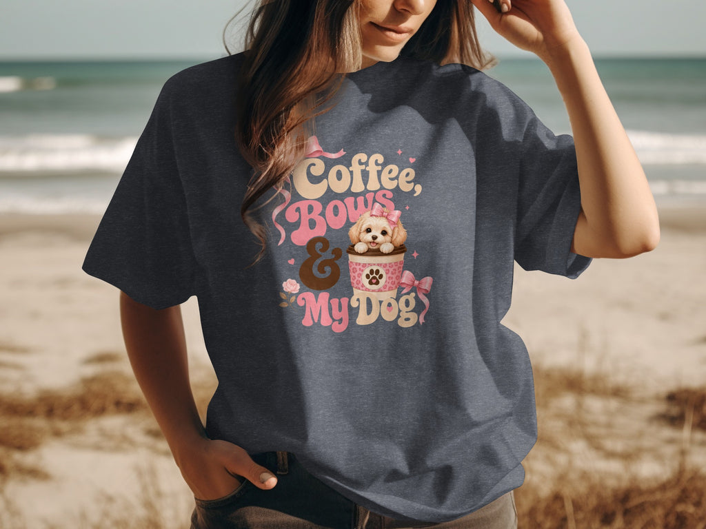 Dark grey t-shirt with "Coffee, Bows & My Dog" graphic featuring a puppy.