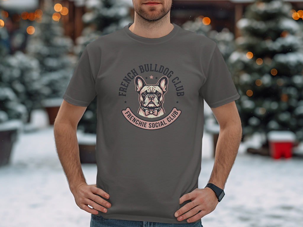 Dark gray t-shirt with "French Bulldog Club" text and illustration of a dog.