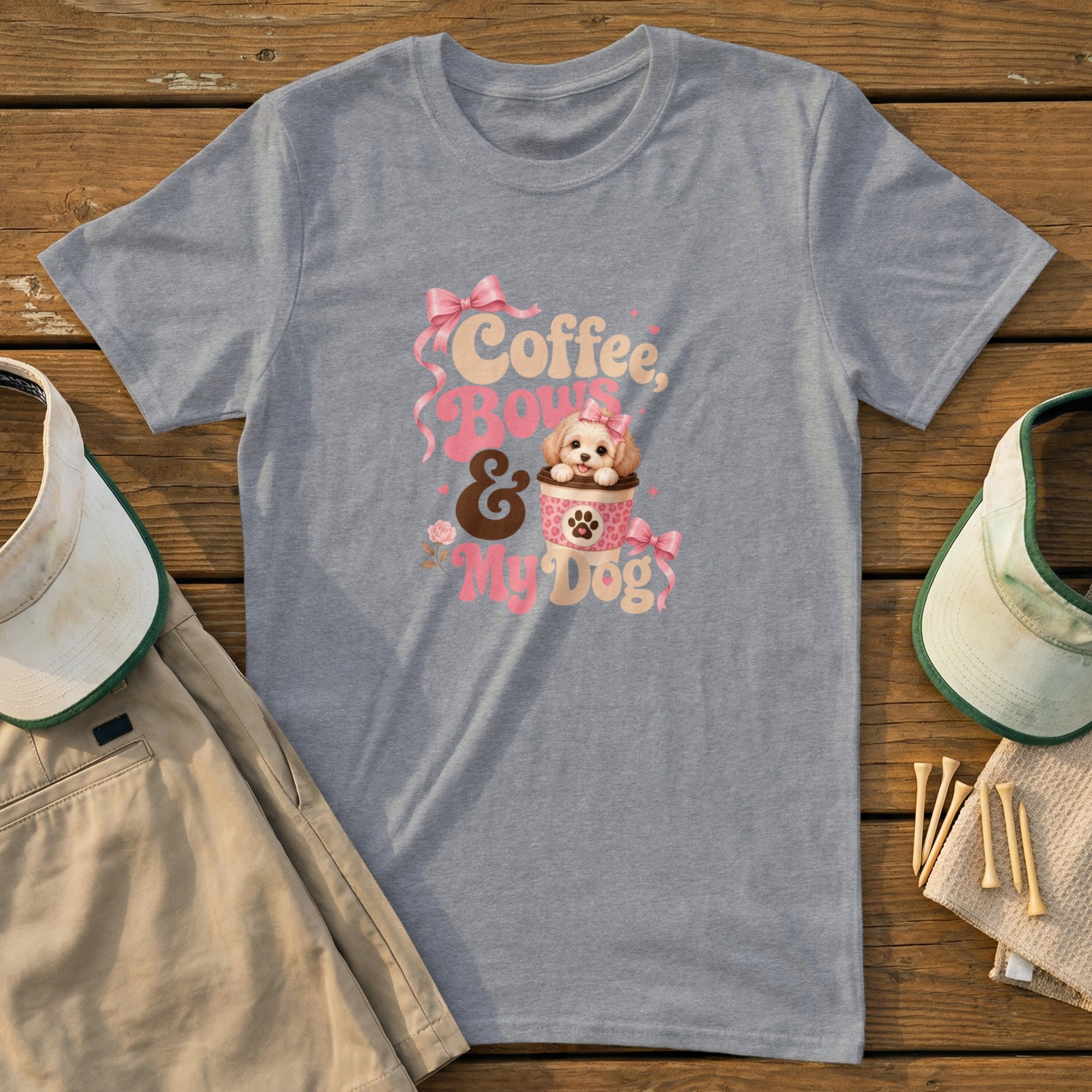 Gray t-shirt with "Coffee, Bows & My Dog" and a puppy graphic.