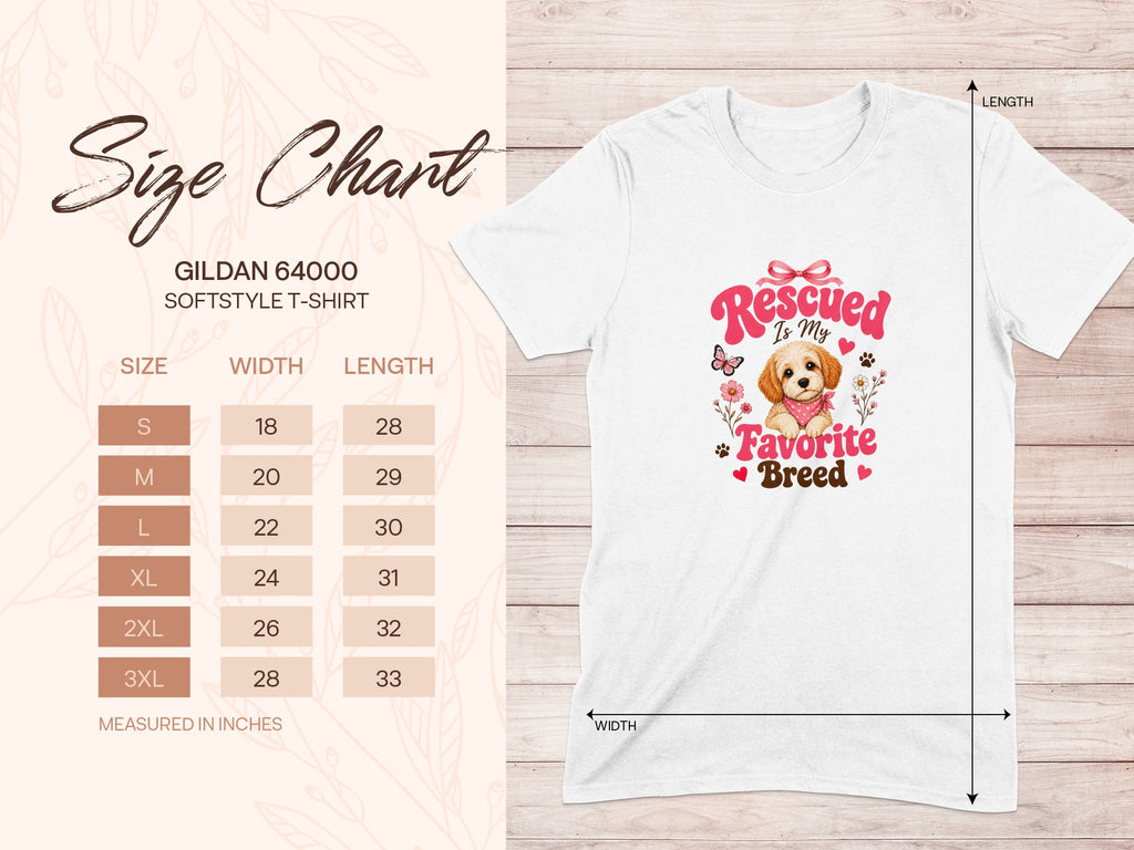 Gildan 64000 softstyle t-shirt size chart with shirt graphic.