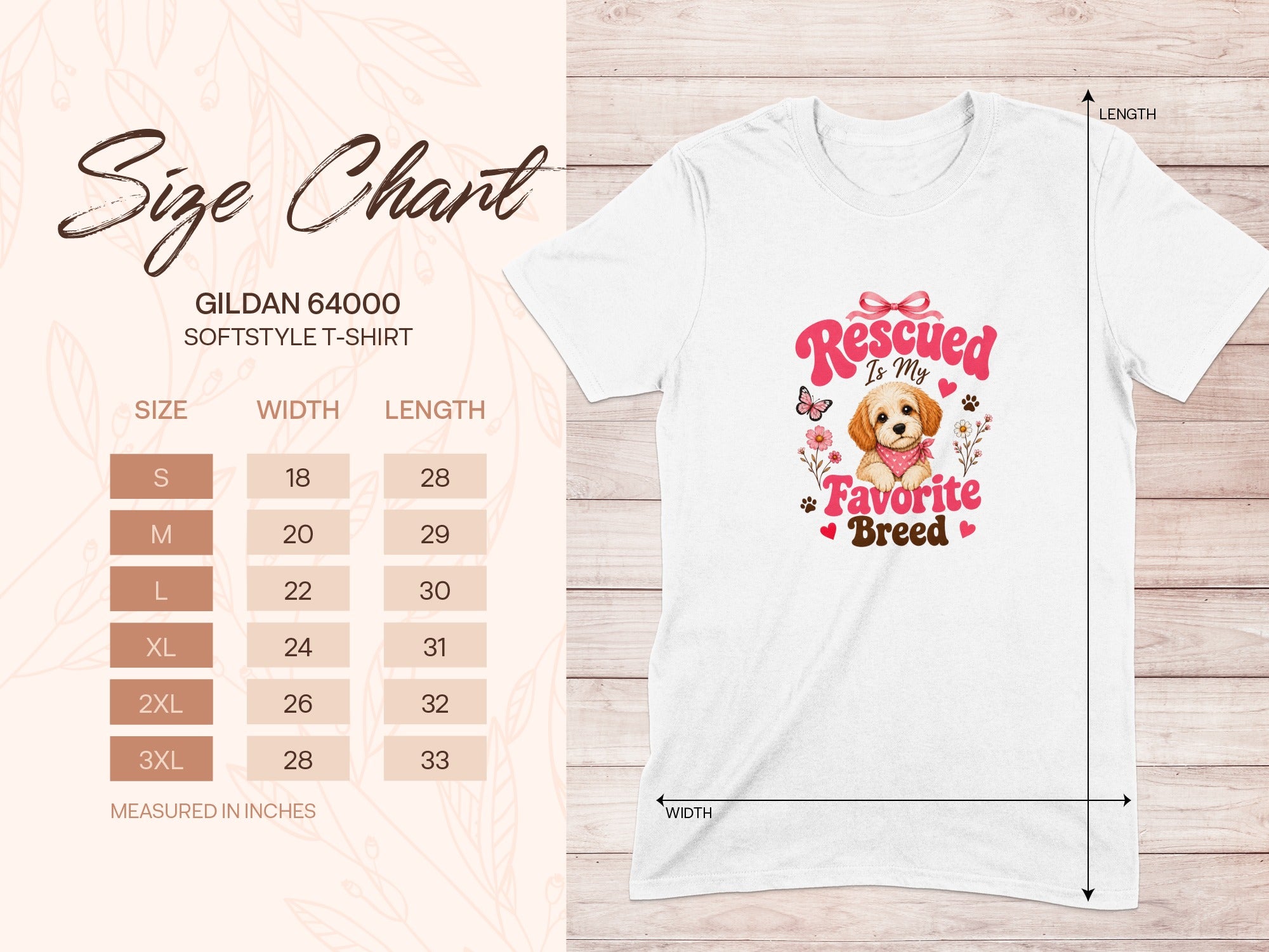 Gildan 64000 softstyle t-shirt size chart with shirt graphic.