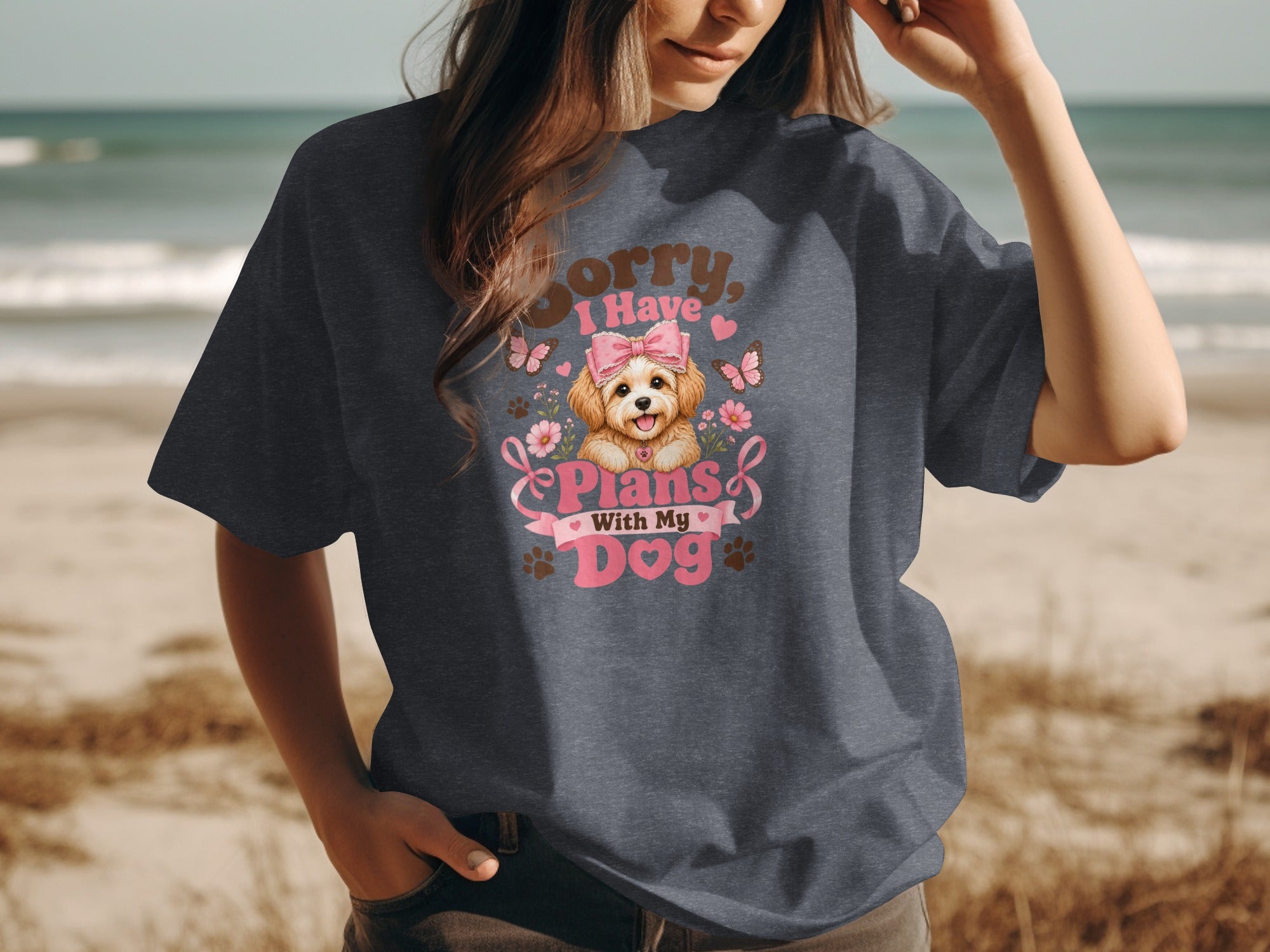 Dark blue t-shirt with "Sorry I Have Plans With My Dog" text and dog graphic.